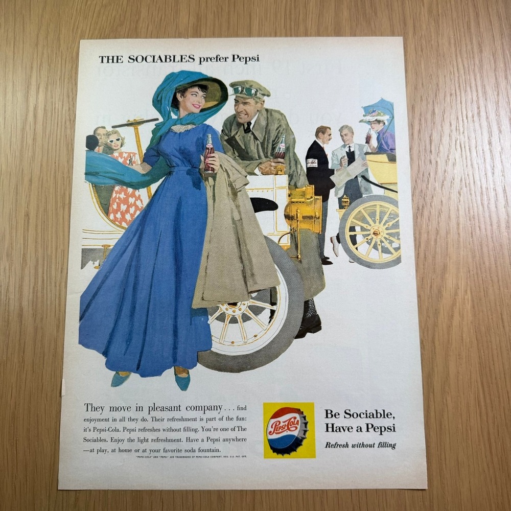 1959 Pepsi-Cola Ad The Sociables Prefer Pepsi Be Sociable Vintage Car Couple